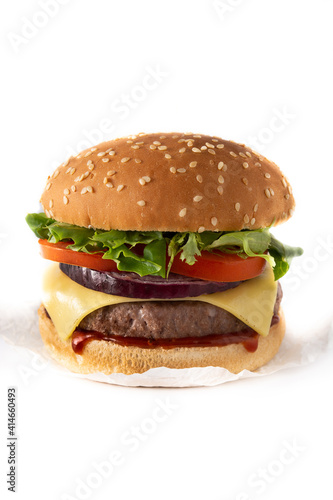 Cheeseburger with beef tomato  lettuce and onion isolated on white background