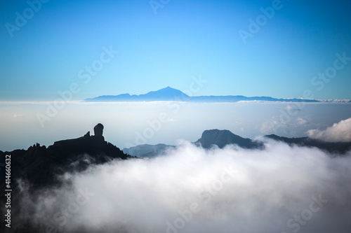 Mountains above the clouds. Canary Islands Landscape. Teide and Roque Nublo.