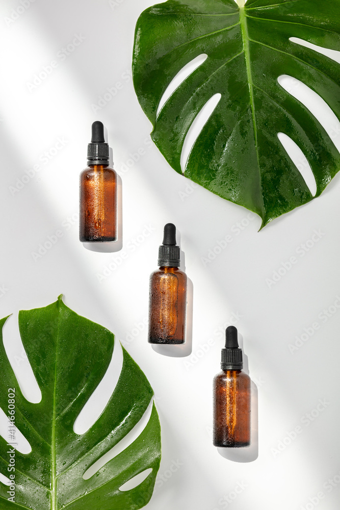 Herbal essential oils and tropical leaves on white background, flat lay, top view Herbal essential oils and tropical leaves on white background, flat lay, top view