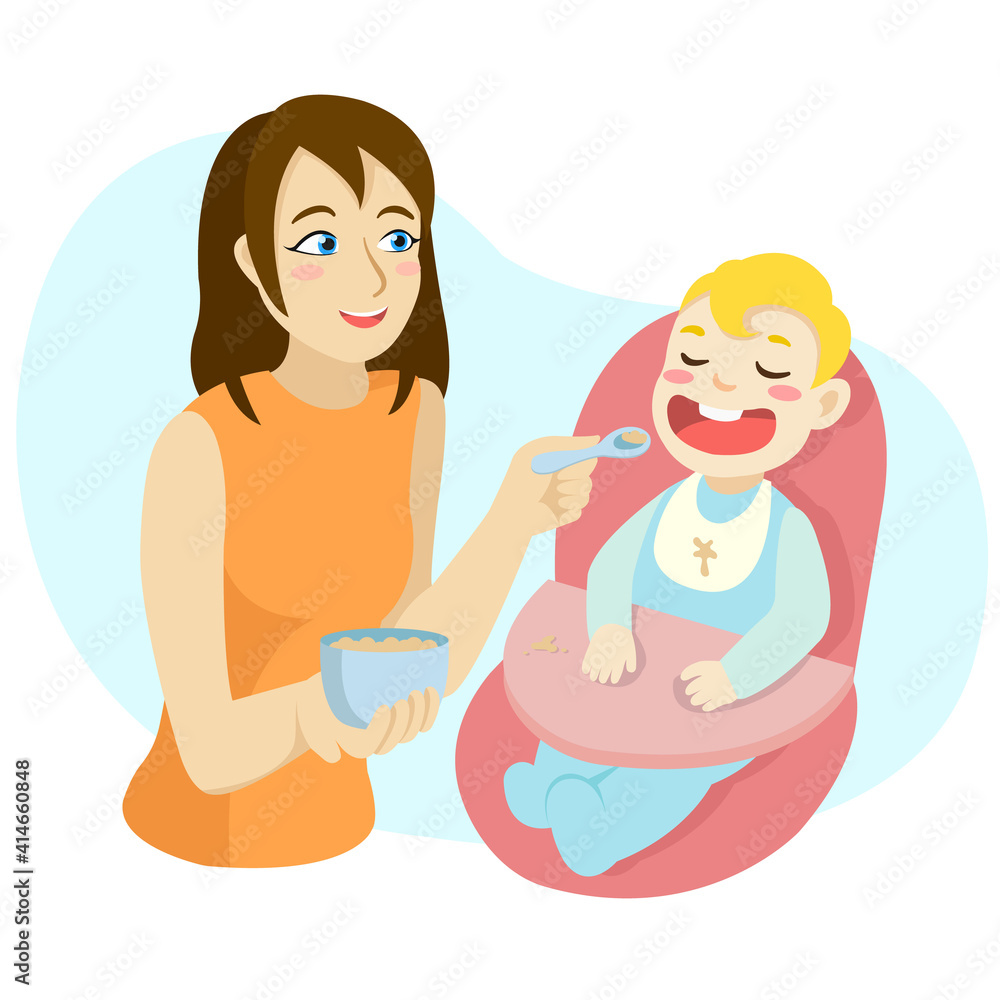Mother feeds a baby in highchair. Positive cartoon illustration of feeding toddler. Happy motherhood breakfast concept. Vector isolated. Mother feeds a baby in highchair. Positive cartoon illustration of feeding toddler. Happy motherhood breakfast concept. Vector isolated.