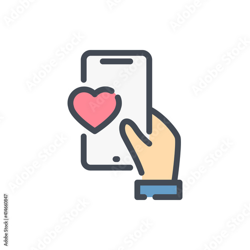 Online feedback and Rating color line icon. Mobile phone with hand and heart vector outline colorful sign.