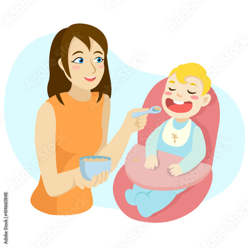 Mother feeds a baby in highchair. Positive cartoon illustration of feeding toddler. Happy motherhood breakfast concept. Vector isolated.