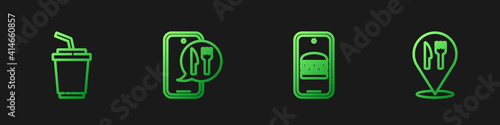 Set line Online ordering and delivery, Paper glass with water, and Cafe restaurant location. Gradient color icons. Vector.