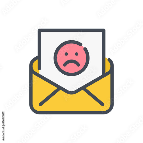 Mail with sad face color line icon. Email notification with negative information vector outline colorful sign.