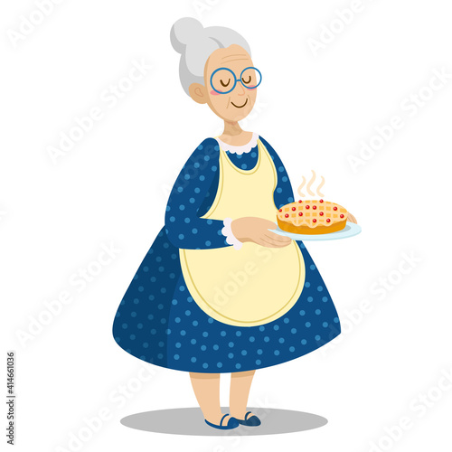 Granny with homemade pie. Cartoon grandmother with tasty baking. Vector isolated illustration of old woman with eyeglasses with dessert.