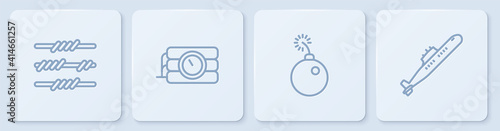 Set line Barbed wire, Bomb ready to explode, Dynamite and timer clock and Submarine. White square button. Vector.