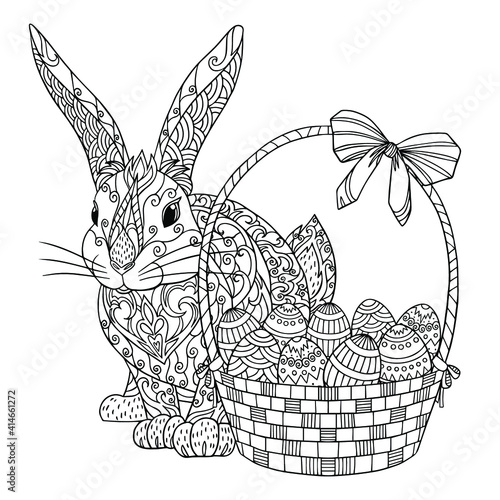 Rabbit with basket and easter eggs coloring page. Vector illustration of spring bunny. Coloring book for adults with doodle and zentangle elements.