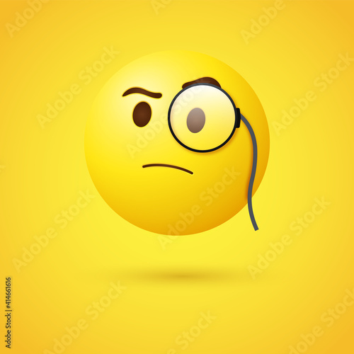 3d Emoji face with monocle, 3d emoticon with magnifying glass, eye glasses emotion