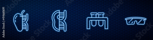 Set line Test tube and flask, Genetically modified apple, meat and Laboratory glasses. Glowing neon icon on brick wall. Vector.