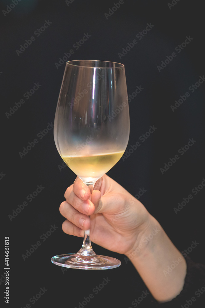 Close up on a hand holding a glass of white wine