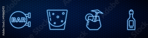 Set line Cocktail, Street signboard with Bar, Glass of rum and Champagne bottle. Glowing neon icon on brick wall. Vector.