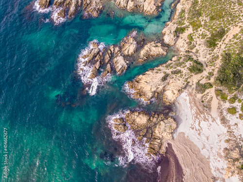 Aerial view of rocky cove at Ostriconi in Corsica