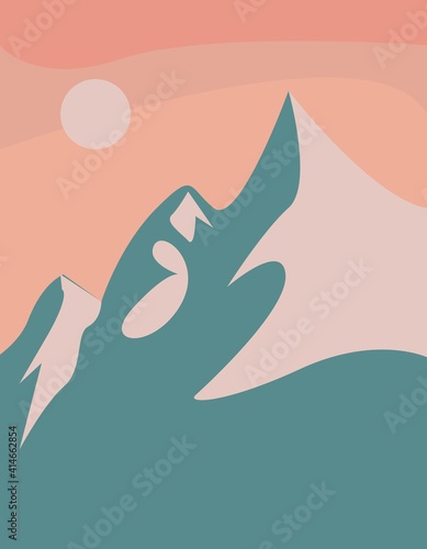 Abstracte moderne achtergrond. Landschap met bergen, zonsopgang, zonsondergang. Boho wanddecor in vlakke stijl. Hedendaagse minimalistische kunst. Vector illustratie.