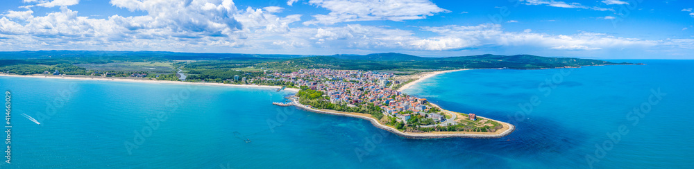 Aerial view of Bulgarian seaside town Primorsko - obrazy, fototapety, plakaty 
