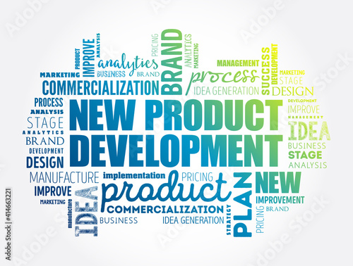 New product development word cloud collage, business concept background