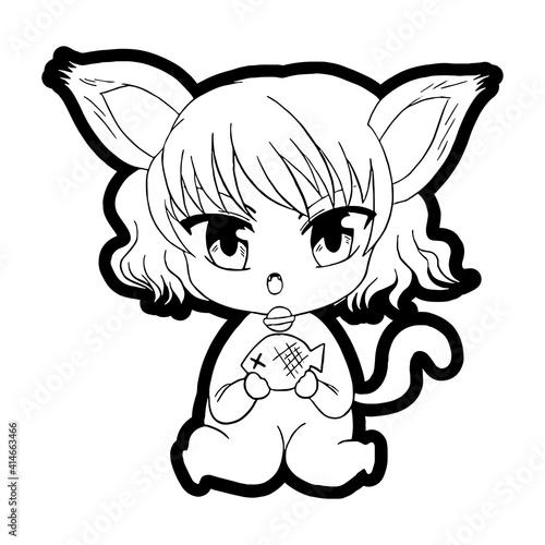 Black line anime cat girl. Hand drawn cartoon style. Doodle for coloring, decoration or any design. Vector illustration of kid.