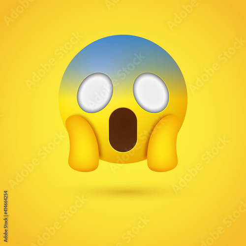 3d Emoji Face Screaming in Fear, shocked emoticon holding head, open mouth, hands pressed on cheeks and a pale blue forehead, surprised emotion character