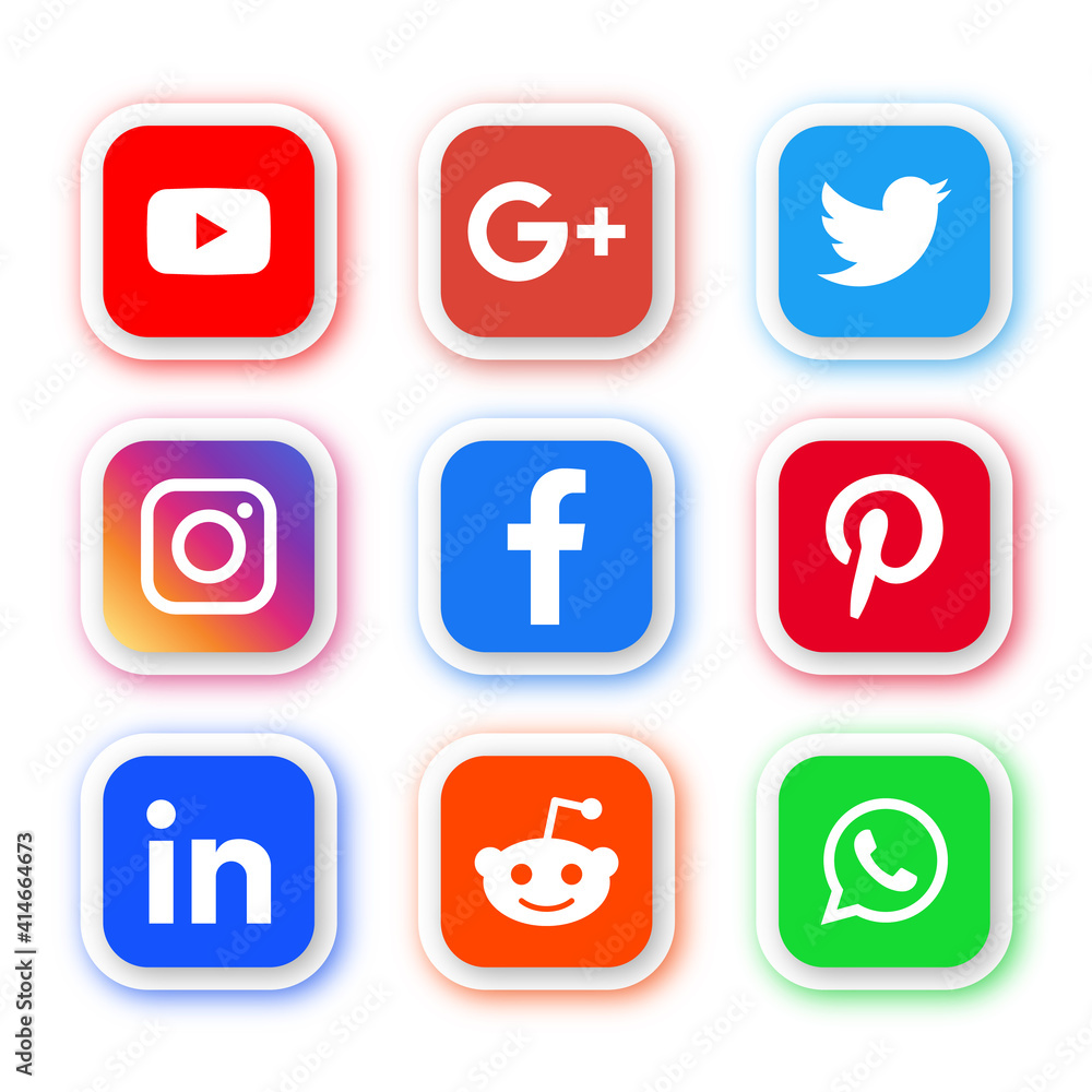 social media icons buttons, facebook, twitter, instagram, pinterest,  whatsapp, reddit, google plus, , linkedin, Collection of popular social  network logo in rectangle stickers Stock Vector