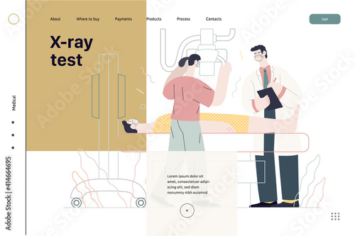 Medical tests template - x-ray test - modern flat vector concept digital illustration of x-ray procedure - a patient and doctors with a x-ray machine, medical office or laboratory