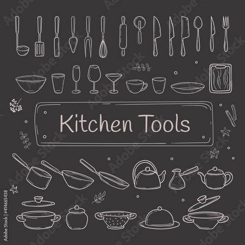 Big set of  kitchen utensils in hand drawn sketch on the blackboard. Cooking tools in doodle style. Vector illustration