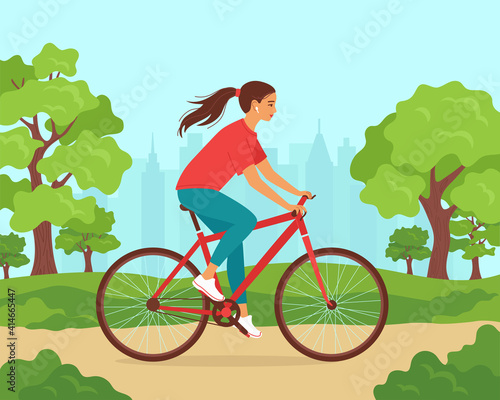 Young woman rides a bicycle in sportswear in city park. Concept of outdoor activities, cardio exercise, healthy lifestyle in spring, summer. Eco-friendly vehicle. Cartoon vector illustration isolated 