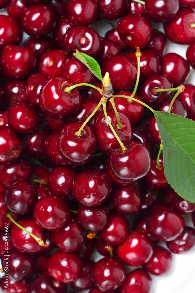 a bunch of sweet cherries with green leaves. view from above a bunch of sweet cherries with green leaves. view from above