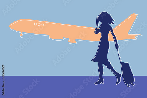 Active modern and stylish lady is hurrying to the plane or just landed and phoning someone. Flat and minimal silhouette in muted colors of purple and beige. Abstract happy summer vacation poster.