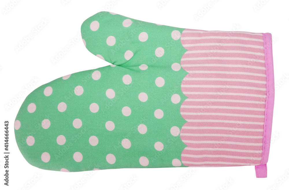 Lovely modern mitt oven glove striped with dots isolated on white background Lovely modern mitt oven glove striped with dots isolated on white background