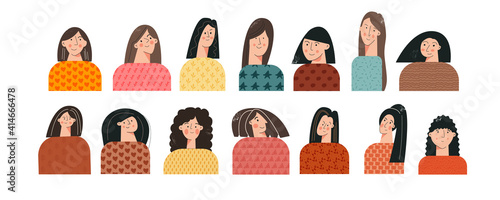 Set of woman's portrait modern minimalist aesthetic flat vector illustration. Contemporary bright face of female character with cute texture. Group of young trendy girls