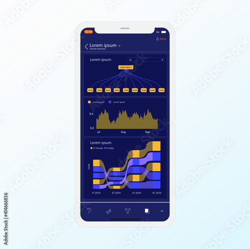 Dashboard mobile. Night screen. Graphs and charts. Maps. Power bi template. EPS10