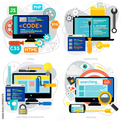Programming and coding, scripting and website development, and webdesign concepts. Horizontal banners