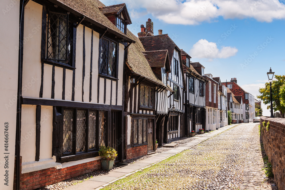 Old town street with timber frame houses in Rye East Sussex England UK
