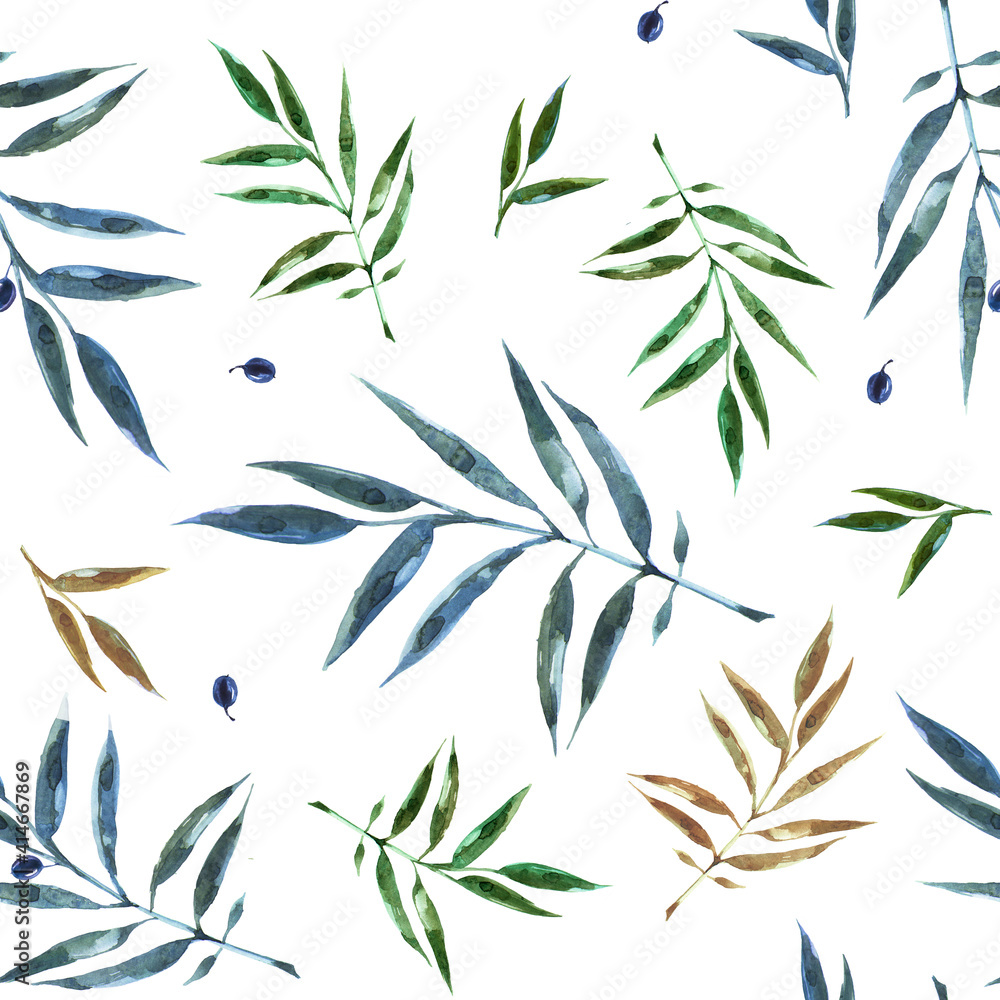 Pattern of olive branches with berries made in watercolor. Image for textile, wallpaper, notebook, notepad. Pattern of olive branches with berries made in watercolor. Image for textile, wallpaper, notebook, notepad.