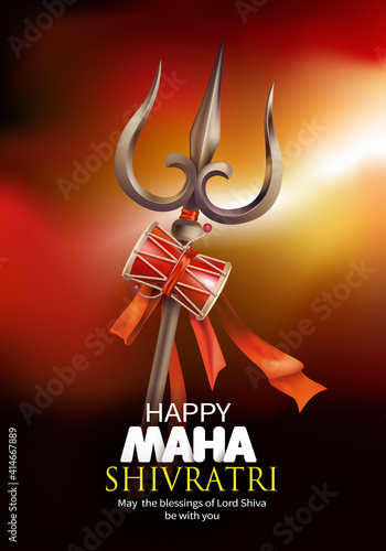 Greeting background with trishula and damru (drum) for Maha Shivratri, a Hindu festival celebrated of Lord Shiva. 