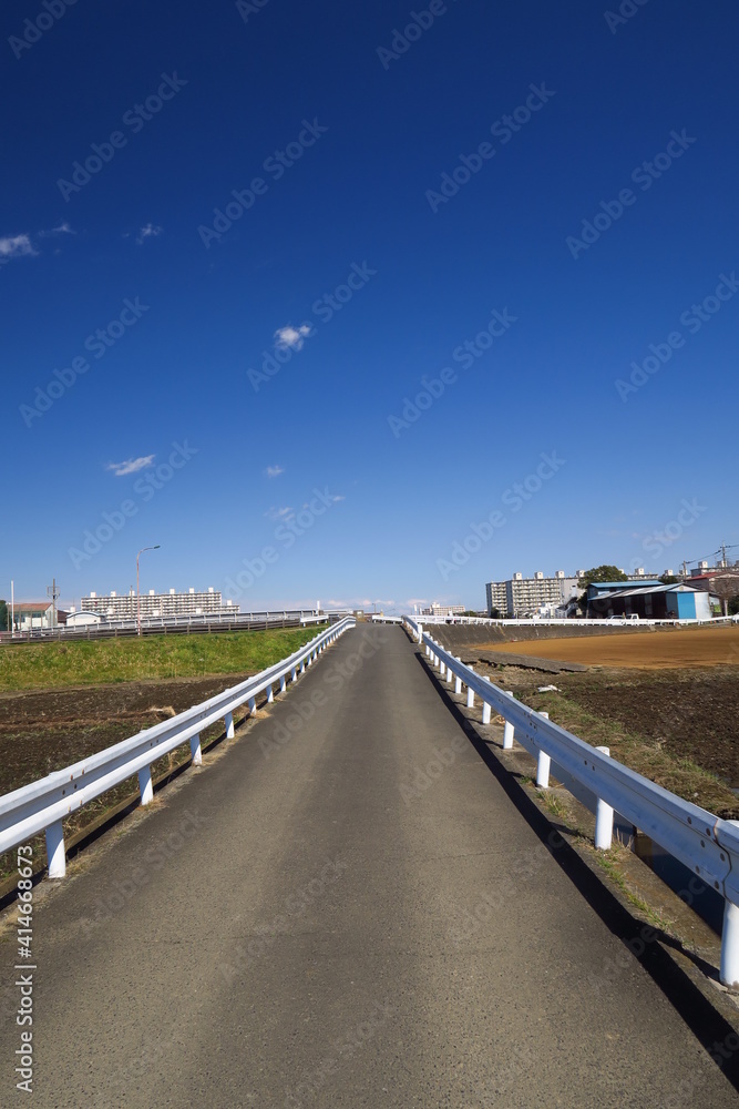 Fototapeta premium 青空と早春の田圃の中の坂道風景