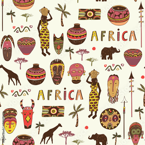 African culture masks, woman, elephant and giraffe silhouette, pot, palm tree seamless vector pattern