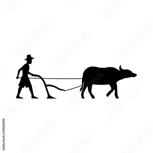 black silhouette design with isolated white background of people plow field by buffalo