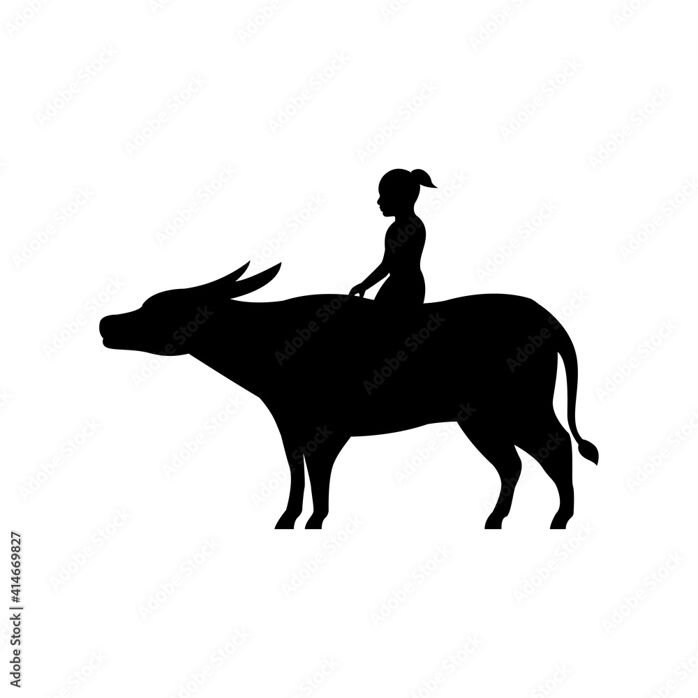 black silhouette design with isolated white background of people sitting on buffalo back