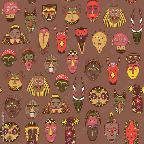 African masks seamless vector line pattern