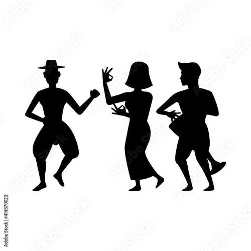 black silhouette design with isolated white background of people dancing with asian drum song