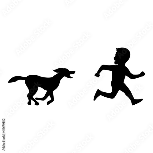black silhouette design with isolated white background of dog chasing boy