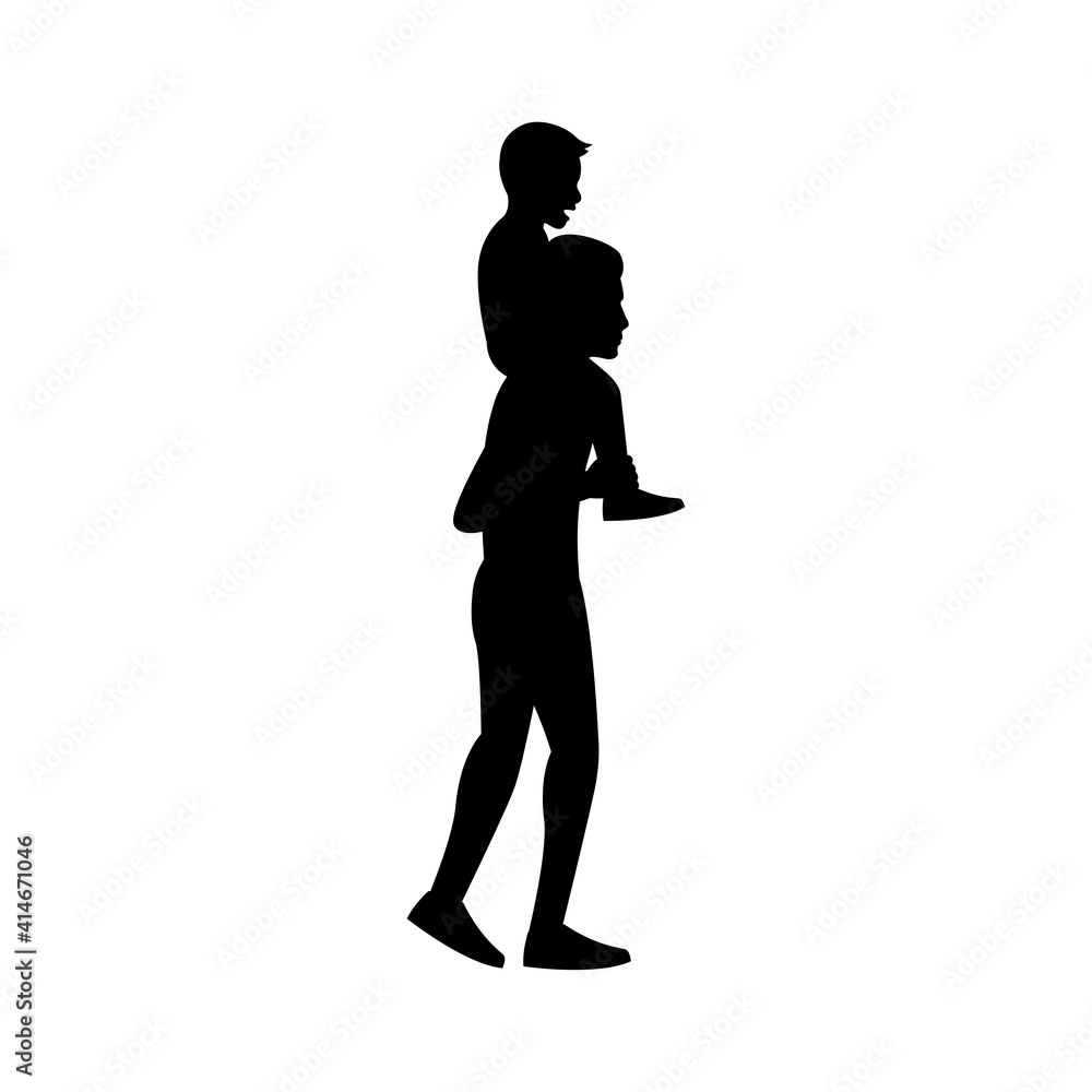 black silhouette design with isolated white background of son sit on father's shoulder