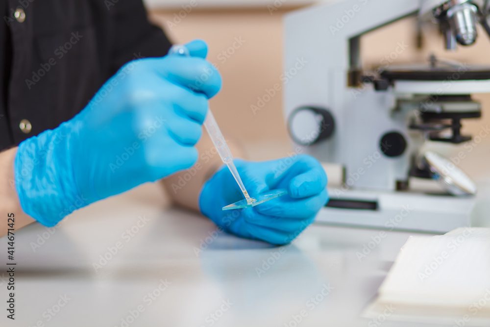 Scientist is using auto-pipette dropping a sample on the glass slide for microscope in medical laboratory. Close-up. Concept medicine, biology, research. Scientist is using auto-pipette dropping a sample on the glass slide for microscope in medical laboratory. Close-up. Concept medicine, biology, research.