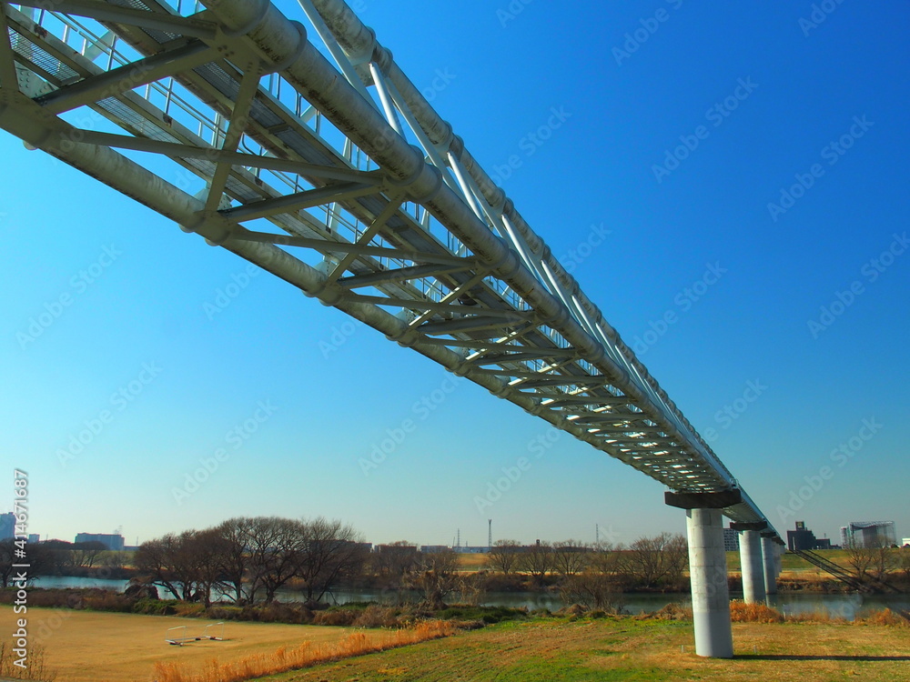 Fototapeta premium 冬の江戸川に架かるガス導管風景