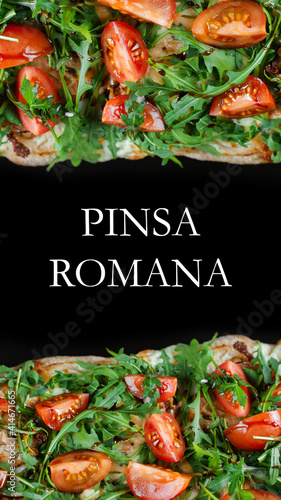 Pinsa romana gourmet italian cuisine on black background. Scrocchiarella traditional dish. Food delivery from pizzeria. Pinsa with meat, arugula, tomatoes, cheese. photo