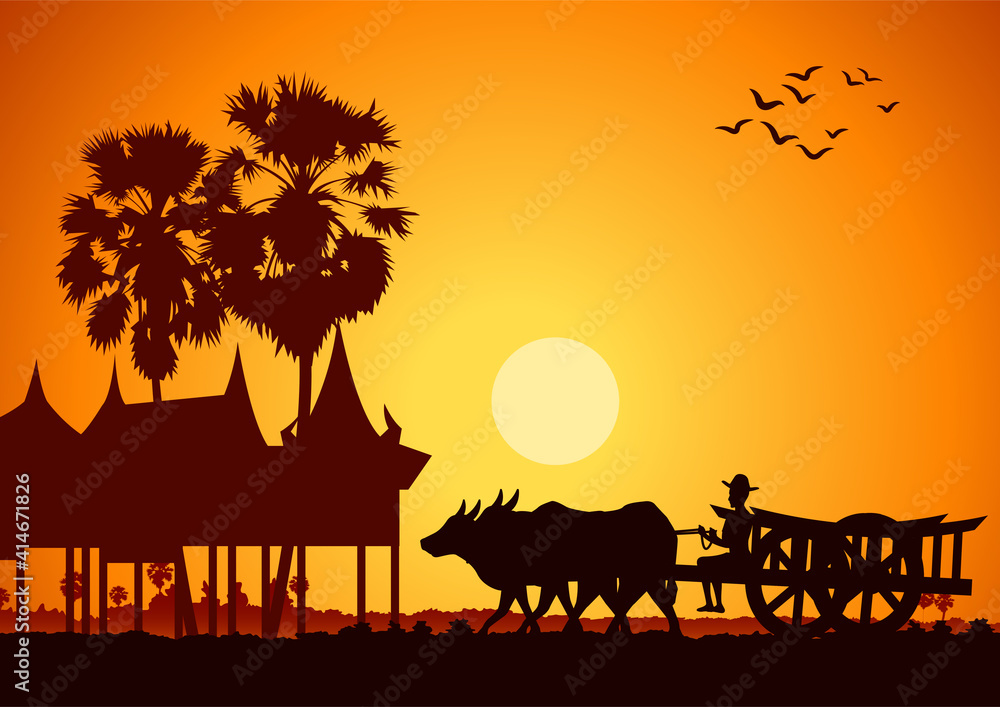 Fototapeta premium country life of Asia farmer ride cart to go to do work sunrise time,silhouette style