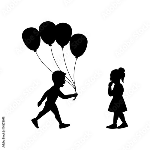 black silhouette design with isolated white background of boy send girl balloons