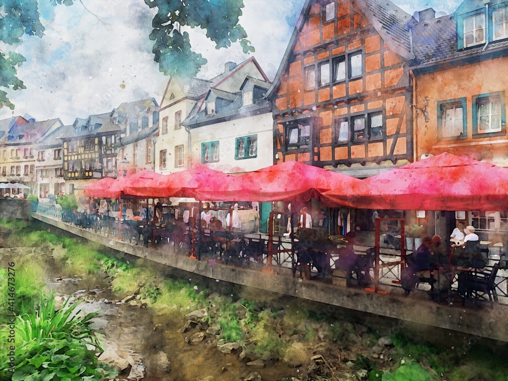 Watercolor painting of cityscape of Bad Muenstereifel in Germany.