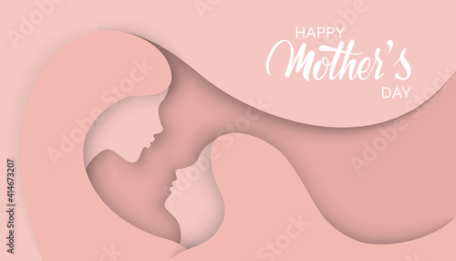 Happy Mothers Day banner. Paper art background with Mother silhouette and her child. Vector illustration with beautiful woman and girl in paper cut and craft style. Greeting card, brochure design
