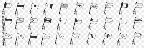National Flags of countries doodle set. Collection of hand drawn flags of nationalities blowing on wind with hangers symbolising independence freedom of country isolated on transparent background